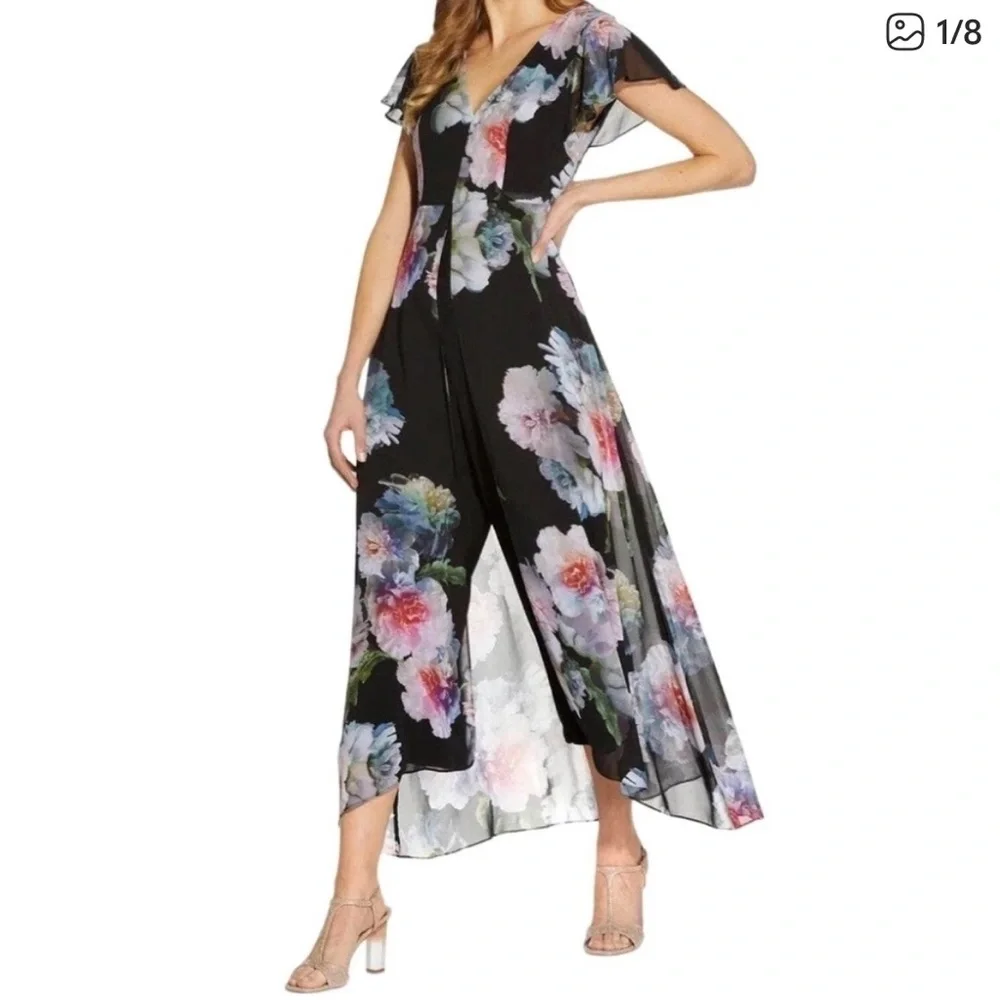 Adriana Papell Floral Black Jumpsuit with sheer attached skirt 18W